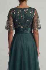 A Line Dark Green Floral High Low Boat Neck Mother of the Bride Dress