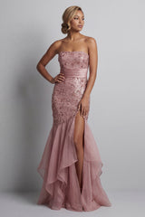 Sparkly Dusty Rose Mermaid Sequin Long Mother of the Bride Dress with Ruffles
