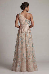 A Line Floral Long Sparkly Champagne Sequin Mother of the Bride Dress