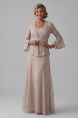 Champagne A Line Long V-Neck Mother of the Bride Dress with Jacket