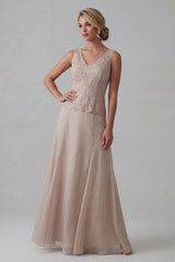 Champagne A Line Long V-Neck Mother of the Bride Dress with Jacket