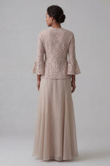 Champagne A Line Long V-Neck Mother of the Bride Dress with Jacket