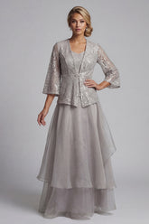 A Line Long Scoop Sparkly Light Grey Lace Mother of the Bride Dress with Jacket