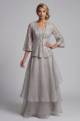 A Line Long Scoop Sparkly Light Grey Lace Mother of the Bride Dress with Jacket