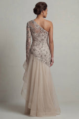 Sparkly Apricot Long Sequin Mermaid Floral Mother of the Bride Dress with Ruffles