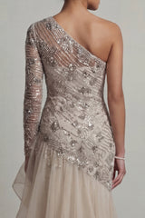 Sparkly Apricot Long Sequin Mermaid Floral Mother of the Bride Dress with Ruffles