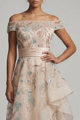 Blush Long A Line Floral Mother of the Bride Dress with Ruffles