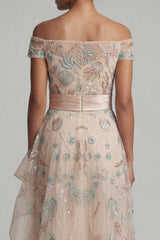 Blush Long A Line Floral Mother of the Bride Dress with Ruffles