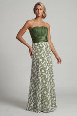 Long A Line Green Strapless Floral Ruched Mother of the Bride Dress