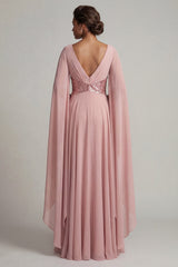 Long Sequin Sparkly Dusty Rose A Line Mother of the Bride Dress with Cape