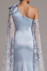 Floral Long Sequin Sky Blue Mermaid Mother of the Bride Dress with Cape