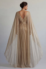 Sequin Long Sheath Sparkly Champagne Ruched Mother of the Bride Dress with Cape