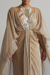 Sequin Long Sheath Sparkly Champagne Ruched Mother of the Bride Dress with Cape