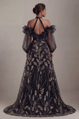 Ruffled Long Halter A Line Sparkly Black Beaded Mother of the Bride Dress with Slit