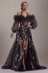 Ruffled Long Halter A Line Sparkly Black Beaded Mother of the Bride Dress with Slit