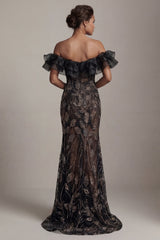 Mermaid Long Sparkly Black Beaded Mother of the Bride Dress with Ruffles