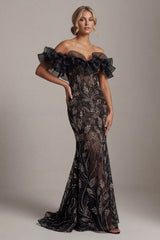 Mermaid Long Sparkly Black Beaded Mother of the Bride Dress with Ruffles