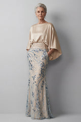 Floral Mermaid Sparkly Champagne Beaded Long Mother of the Bride Dress with Pockets