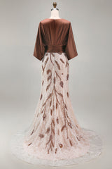 Floral Lace Boat Neck Ruched Mermaid Coffee Long Mother of the Bride Dress