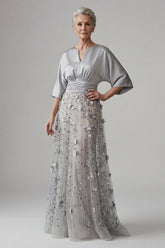 A Line Floral Sparkly Silver Sequin Long Mother of the Bride Dress