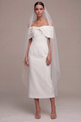 Sheath White Off the Shoulder Maxi Beach Wedding Dress with Bow