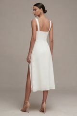 A Line Maxi Ivory Thick Straps Beach Wedding Dress with Slit
