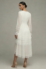 White A Line V-Neck Asymmetrical Ruffled Beach Wedding Dress with Lace