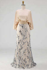 Floral Mermaid Sparkly Champagne Beaded Long Mother of the Bride Dress with Pockets