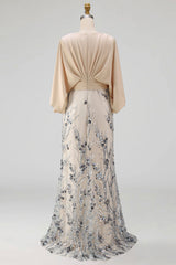 Floral Mermaid Sparkly Champagne Beaded Long Mother of the Bride Dress with Pockets