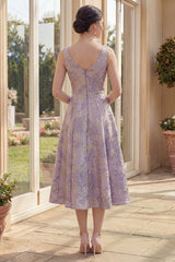 Jacquard Maxi A Line Boat Neck Dusty Lilac Floral Wedding Guest Dress