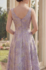 Jacquard Maxi A Line Boat Neck Dusty Lilac Floral Wedding Guest Dress