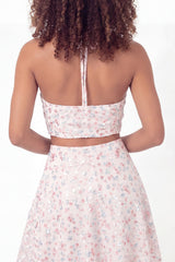 Halter Sparkly White Pink Flower Short 2 Piece Sequin Graduation Dress