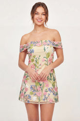 Off the Shoulder A Line Butter Yellow Floral Short Graduation Dress