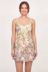 Floral Spaghetti Straps A Line Butter Yellow Short Graduation Dress