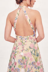Halter Open Back A Line Butter Yellow Floral Short Graduation Dress