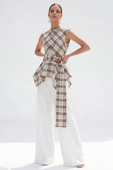 Bateau Neck Brown Grid 2 Piece Wide Leg Women Business Suits with Belt