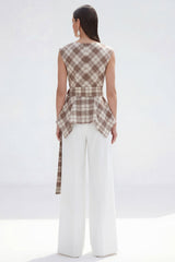 Bateau Neck Brown Grid 2 Piece Wide Leg Women Business Suits with Belt