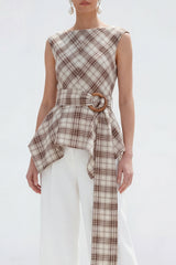Bateau Neck Brown Grid 2 Piece Wide Leg Women Business Suits with Belt