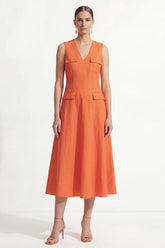 Orange V Neck Maxi Work Dress with Pockets