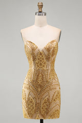 Sparkly Golden Tight Short Beaded Homecoming Dress