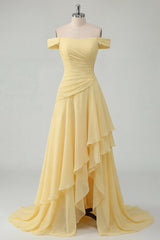 Ruched A Line Off the Shoulder Butter Yellow Ruffled Prom Dress with Slit