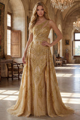One Shoulder Ruched Mermaid Sparkly Golden Long Beaded Prom Dress with Cape