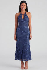 Dark Blue Floral Mermaid Maxi Keyhole Halter Beach Wedding Guest Dress