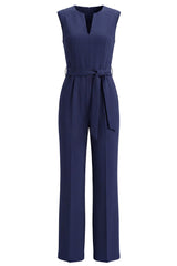 Navy Satin Slim Fit Work Jumpsuits with Pockets