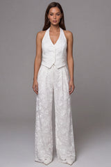Halter Single Breasted 2 Piece Ivory Lace Floral Business Suits
