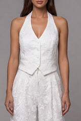 Halter Single Breasted 2 Piece Ivory Lace Floral Business Suits