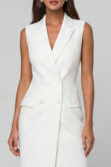 Notched Lapel Double Breasted Midi White Slim Fit Blazer Dress