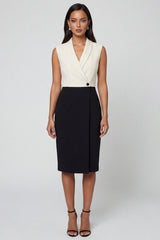 Black and White Color Block Patchwork Shawl Lapel Single Breasted Work Dress