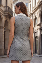 Polka Dots Grey Double Breasted Notched Lapel Slim Fit Short Work Dress