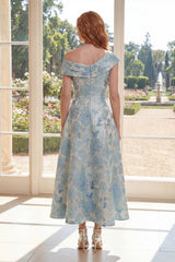Blue Floral One Shoulder A Line Maxi Mother of the Bride Dress